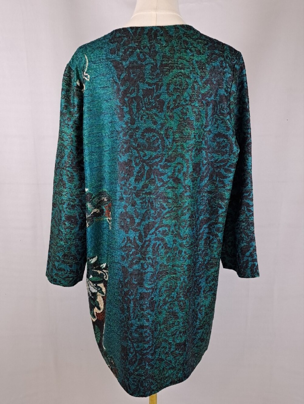 Funky Teal Lightweight Floral Tapestry Crinkle Knit Duster Coat Artsy Boho Sz L - Picture 3 of 12
